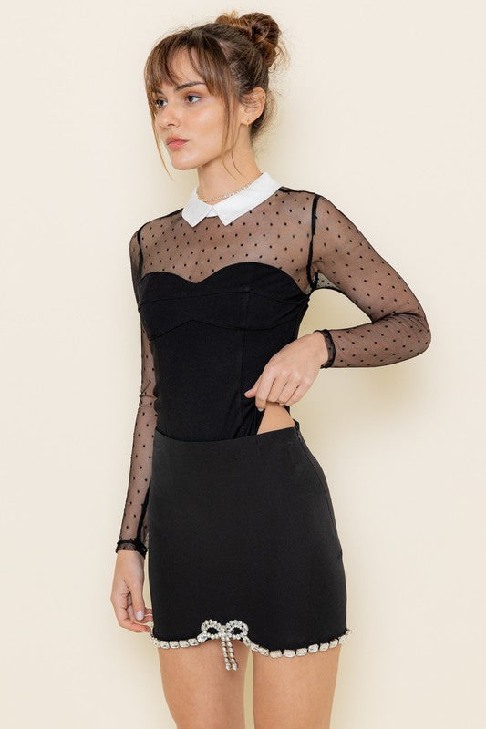 Mckinley Pan Collar Swiss Dot Mesh Bodysuit