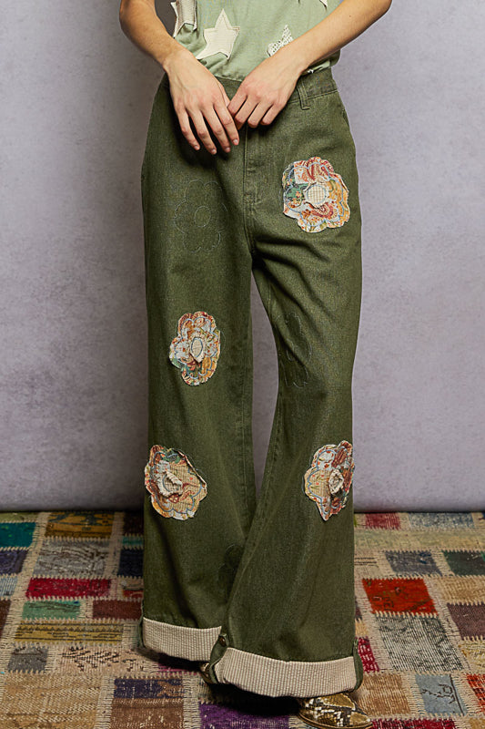 Charleston Wideleg Denim Daisy Patchwork Cuff Jeans - Olive