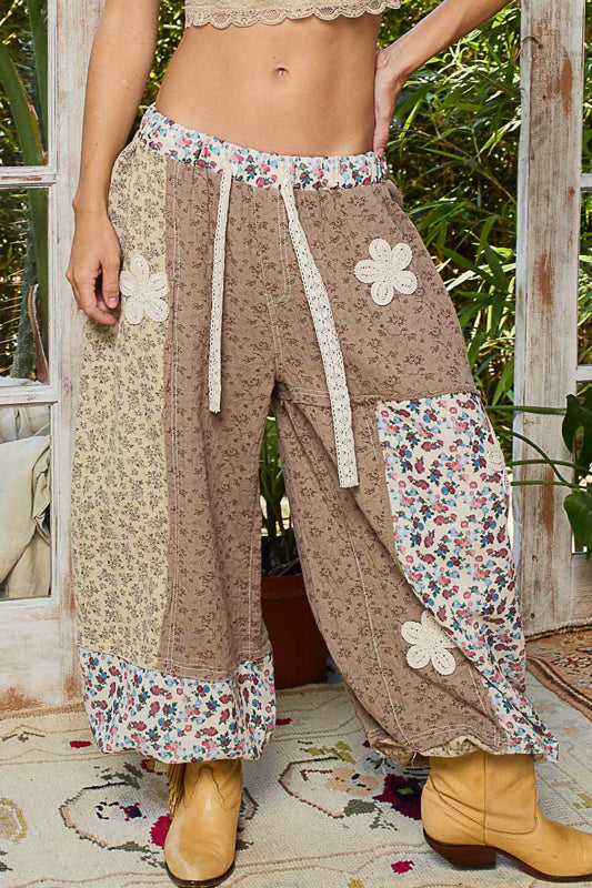 Charlotte Wideleg Patchwork Floral Cotton Wide Leg Jogger Pants - Mocha