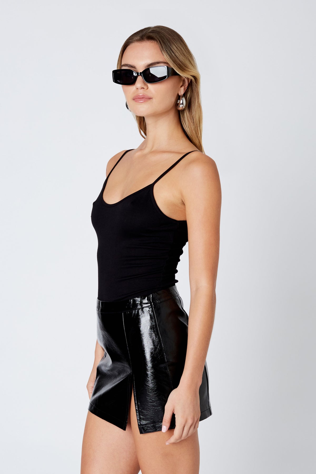 Editrix Patent Vegan Leather Side Slit Mini Skirt - Black