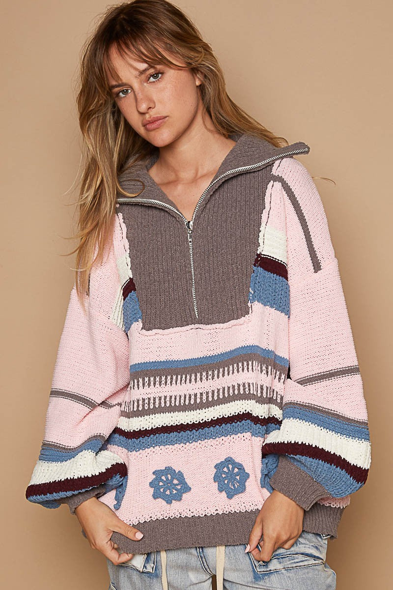 Rebecca Mixed Knit Oversized Sweater - Pink/Blue