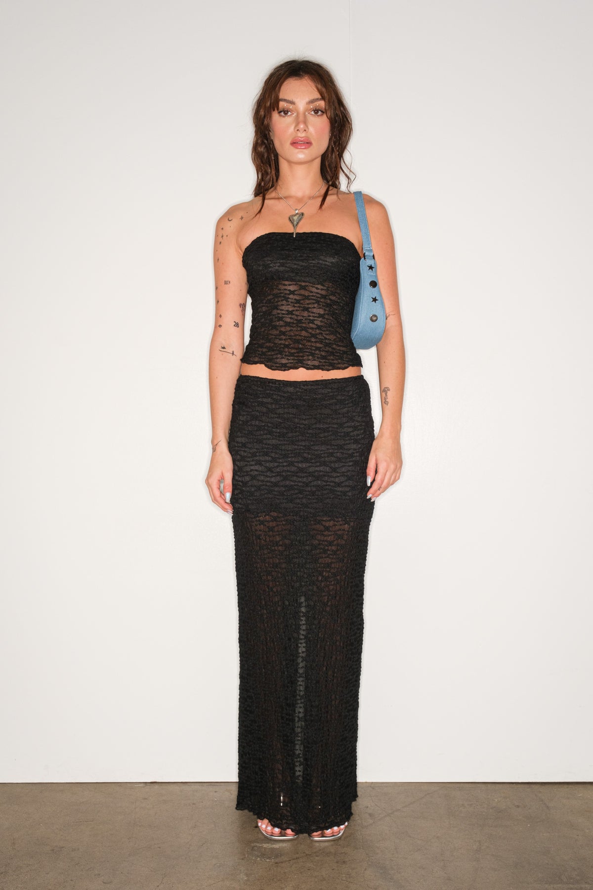 Heidi Sheer Mesh Textured Lace Illusion Maxi Skirt - Black