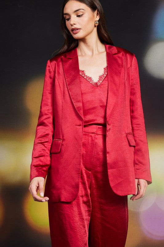 Devora Satin Tuxedo Blazer - Cherry