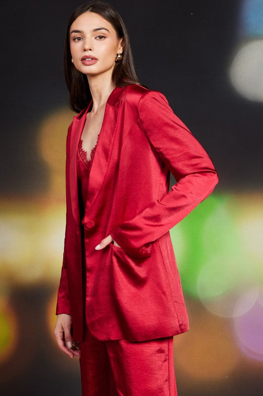 Devora Satin Tuxedo Blazer - Cherry