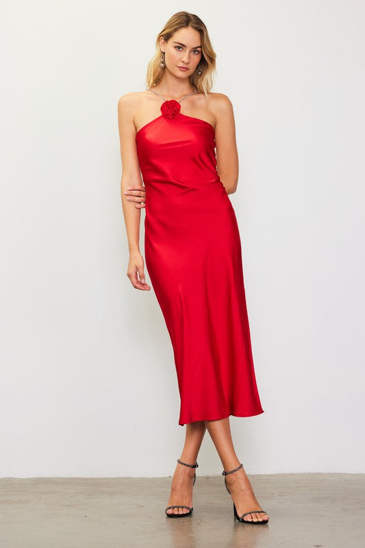 Vanessa Diamante Strap Satin Slip Halter Dress - Cherry Red