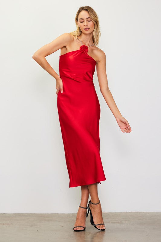 Vanessa Diamante Strap Satin Slip Halter Dress - Cherry Red