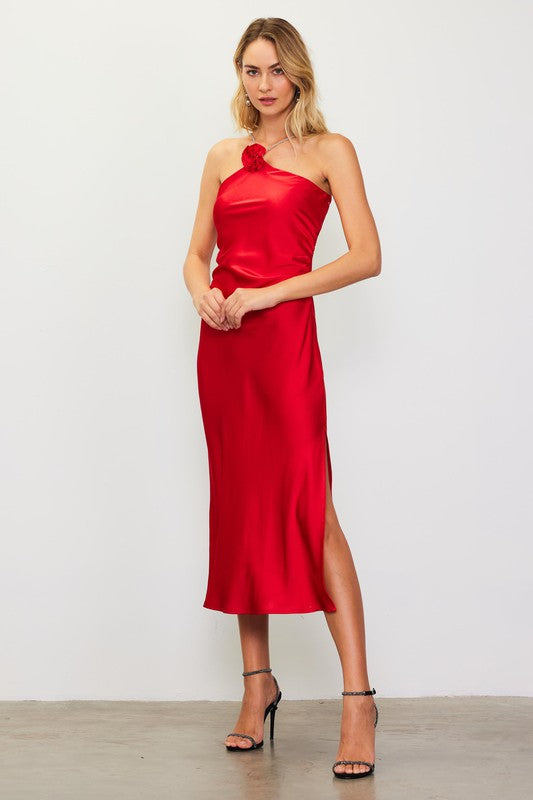 Vanessa Diamante Strap Satin Slip Halter Dress - Cherry Red