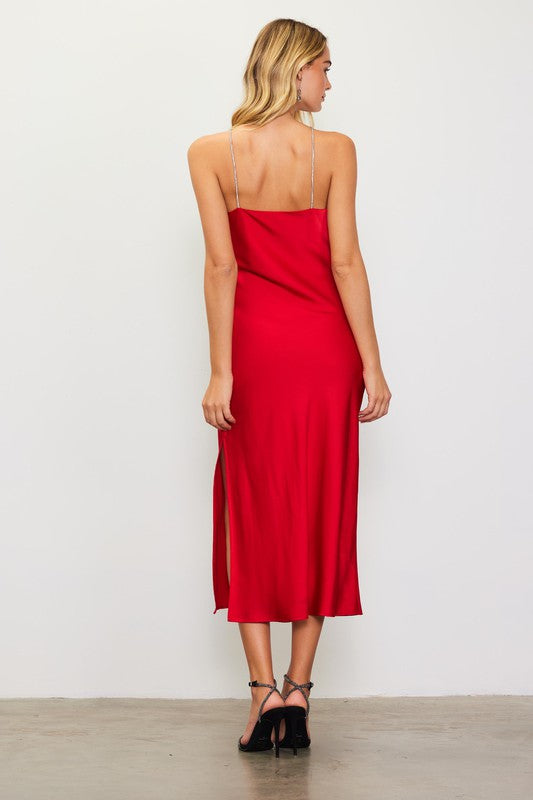 Vanessa Diamante Strap Satin Slip Halter Dress - Cherry Red