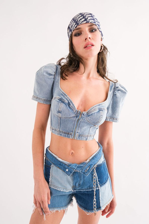 Jordi Puff Sleeve Bustier Zip Up Denim Sweetheart Crop Top