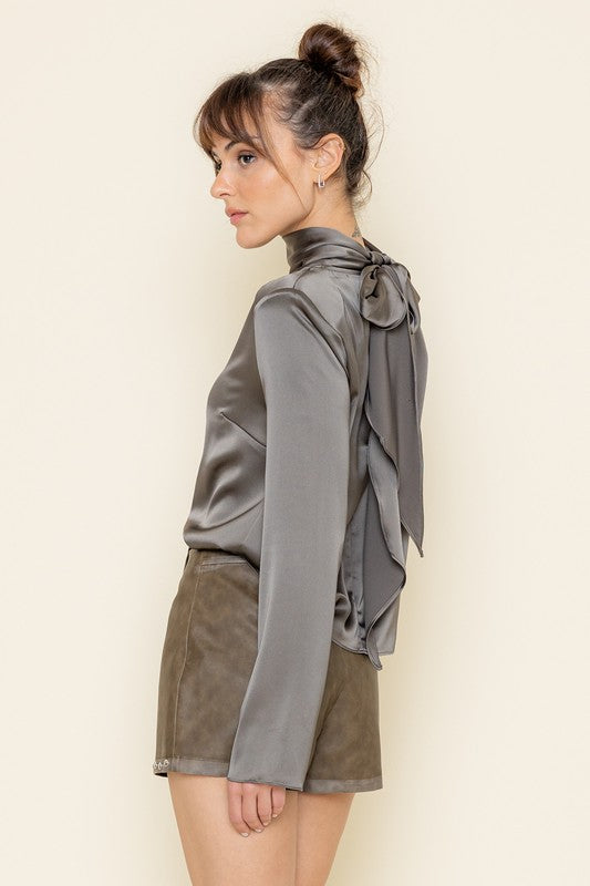 Jemma Satin High Neck Bow Blouse - Smokey Olive