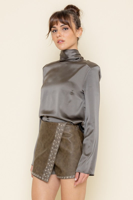 Jemma Satin High Neck Bow Blouse - Smokey Olive