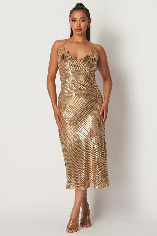 Bria Sequin Cowl Neck Slip Midi Dress - Gold