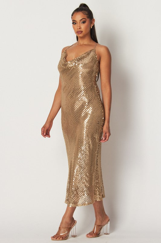 gold sequin midi dress Bria Sequin Cowl Neck Slip Midi Dress