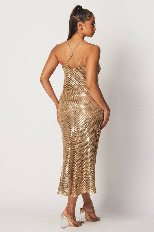 Bria Sequin Cowl Neck Slip Midi Dress - Gold