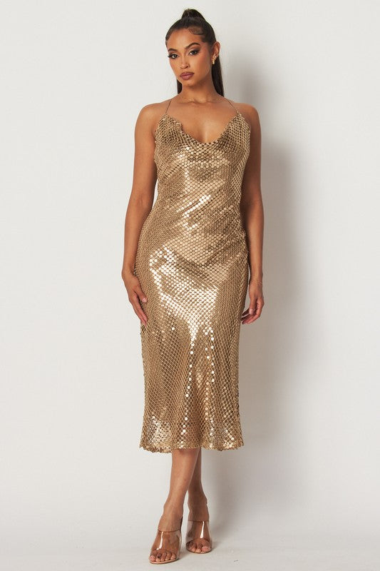 Bria Sequin Cowl Neck Slip Midi Dress - Gold