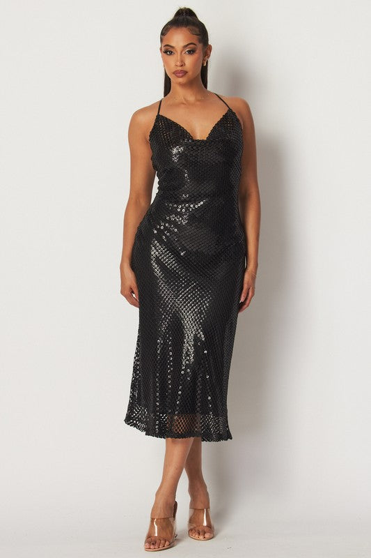 Bria Sequin Cowl Neck Slip Midi Dress - Black