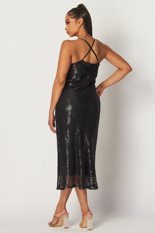 Bria Sequin Cowl Neck Slip Midi Dress - Black