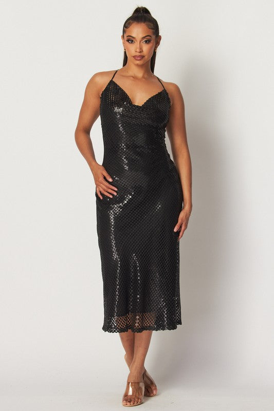 Bria Sequin Cowl Neck Slip Midi Dress - Black