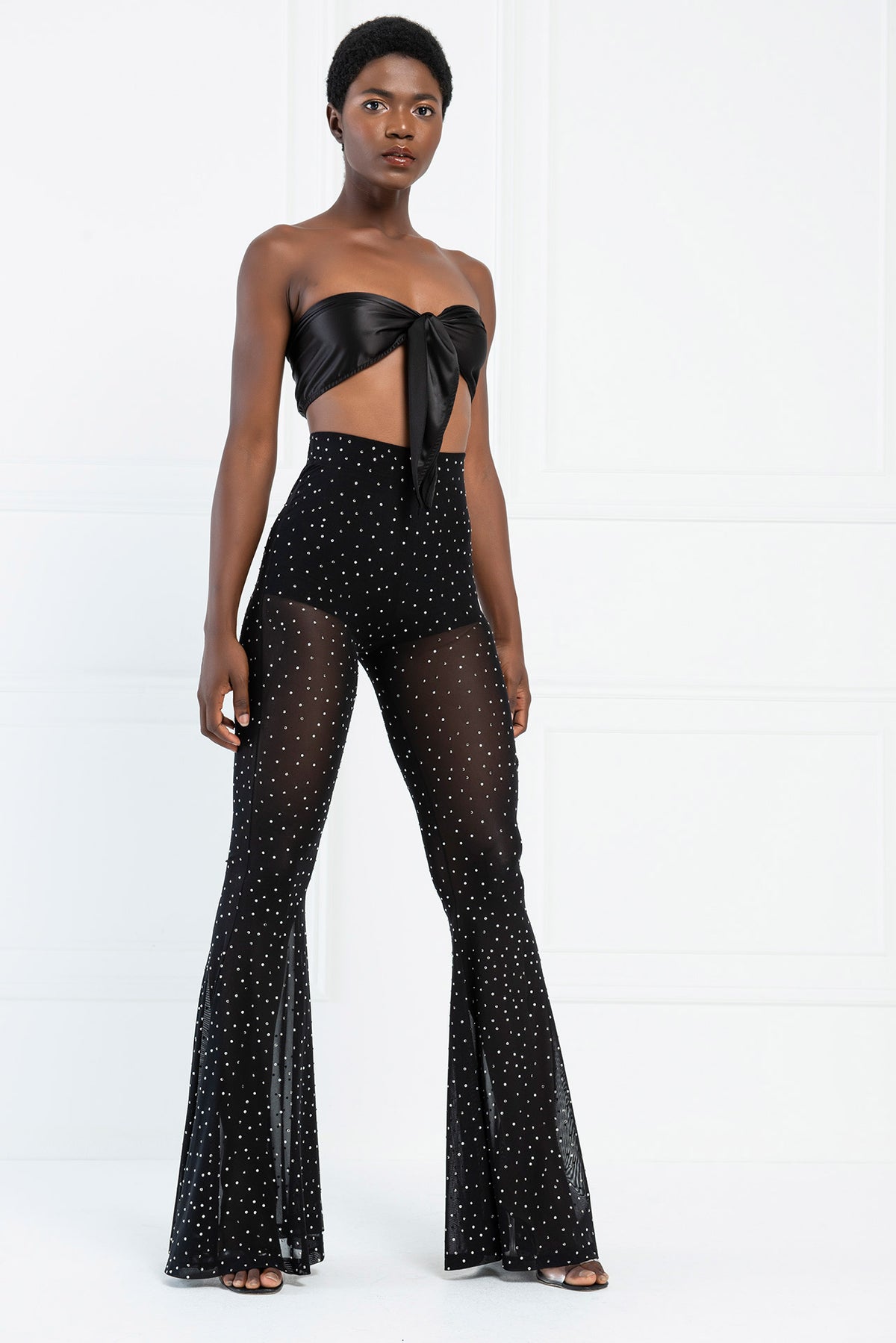 Selena Sheer Rhinestone Embellished Bell Bottom Flare Pants - Black