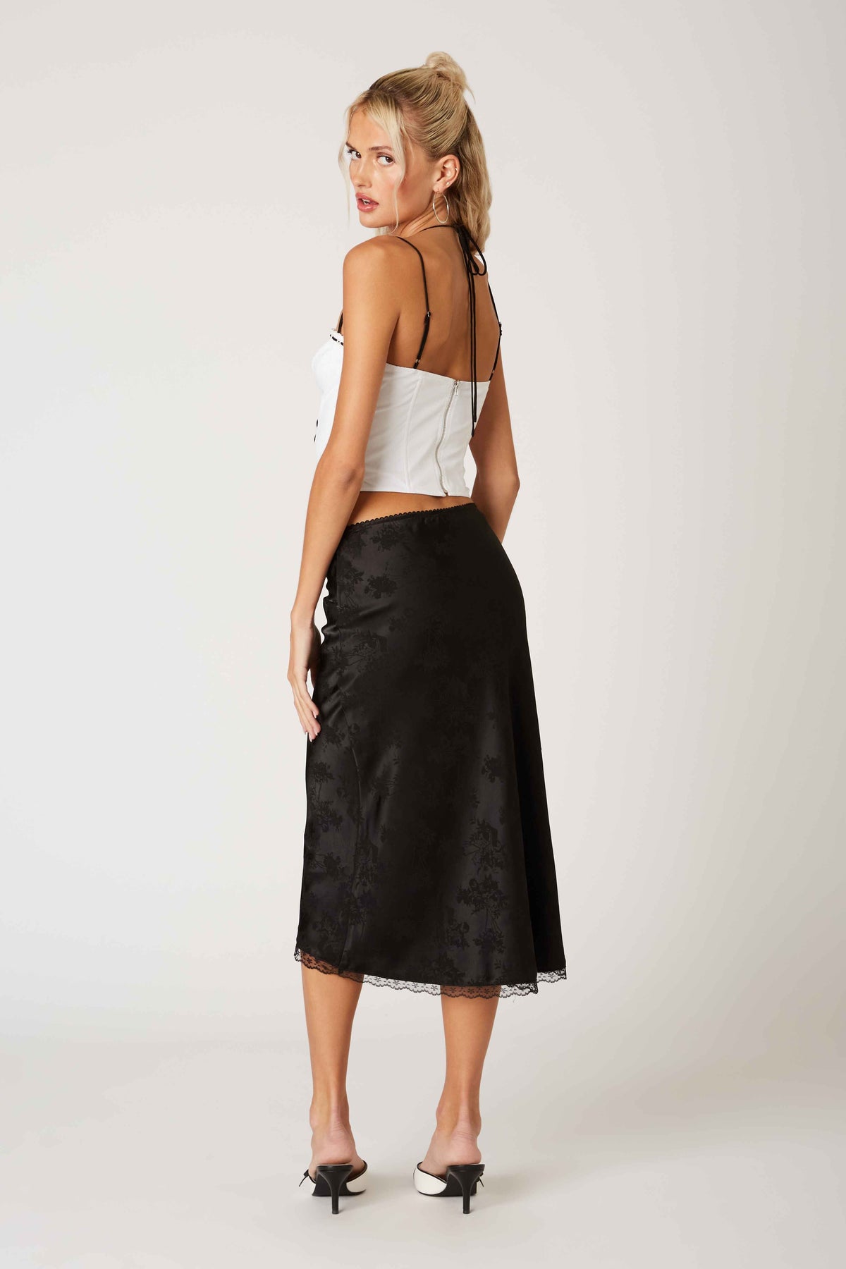 Kara Jacquard Satin Floral Lace Trim Slip Skirt - Black