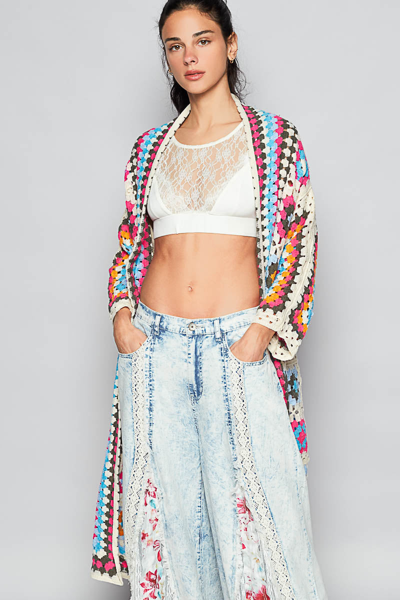 Mia Grandma Square Knit Cardigan Rainbow Cover Up