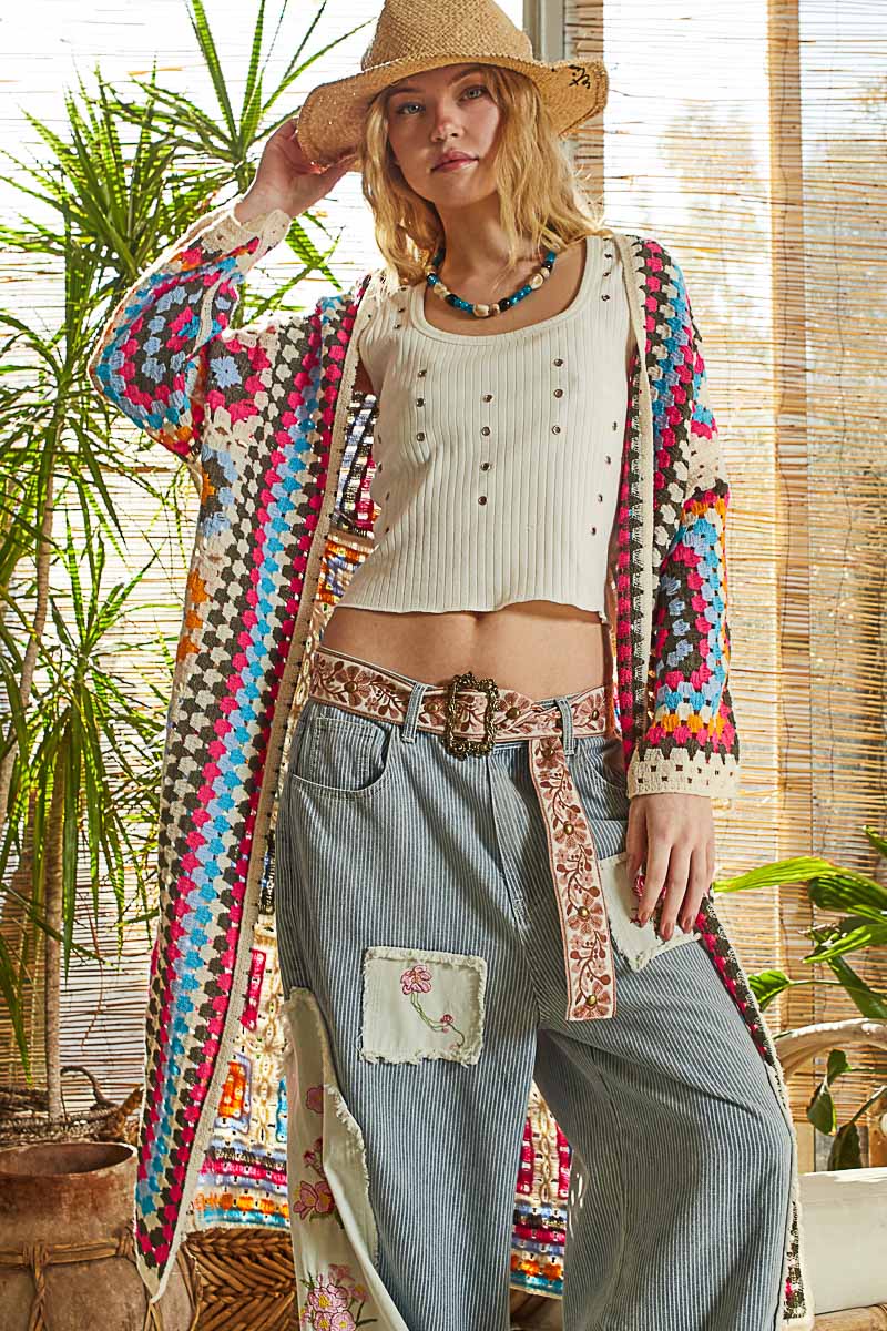 Mia Grandma Square Knit Cardigan Rainbow Cover Up