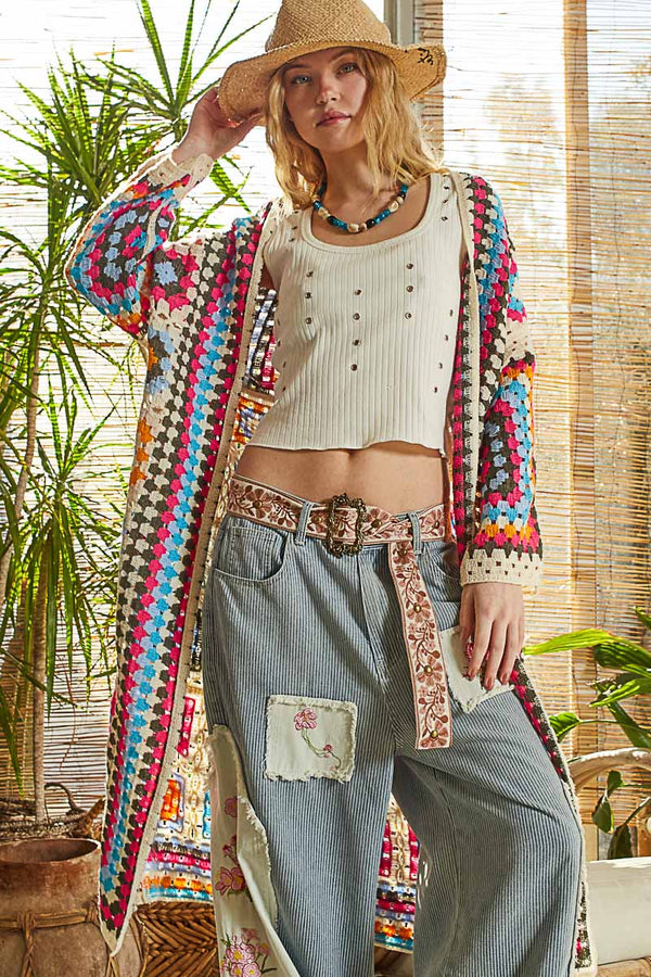 Mia Grandma Square Knit Cardigan Rainbow Cover Up