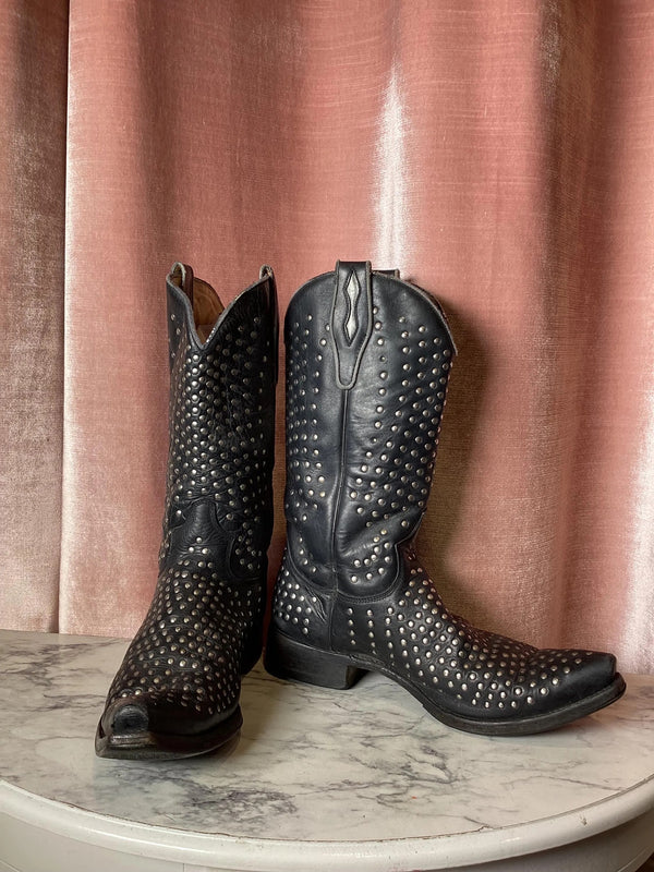 Vintage 90's Endra Grommet Silver Studded Leather Biker Western Design Cowboy Boots - Men's Size 9 | Women's Size 11