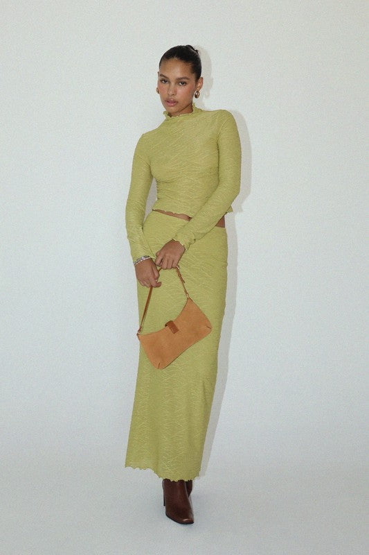 Phoebe Swirl Mesh Mock Neck Long Sleeve Top - Key Lime