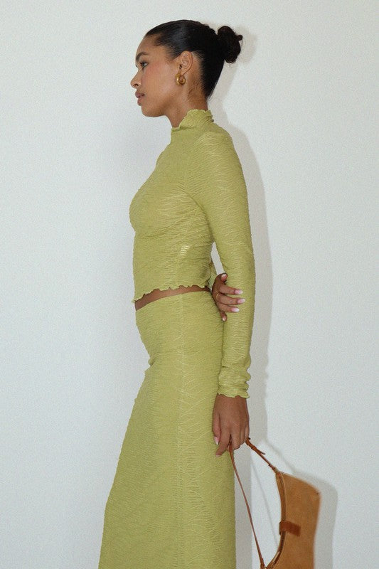 Phoebe Swirl Mesh Mock Neck Long Sleeve Top - Key Lime