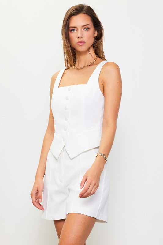 Darby Button Down Sleeveless Vest - White