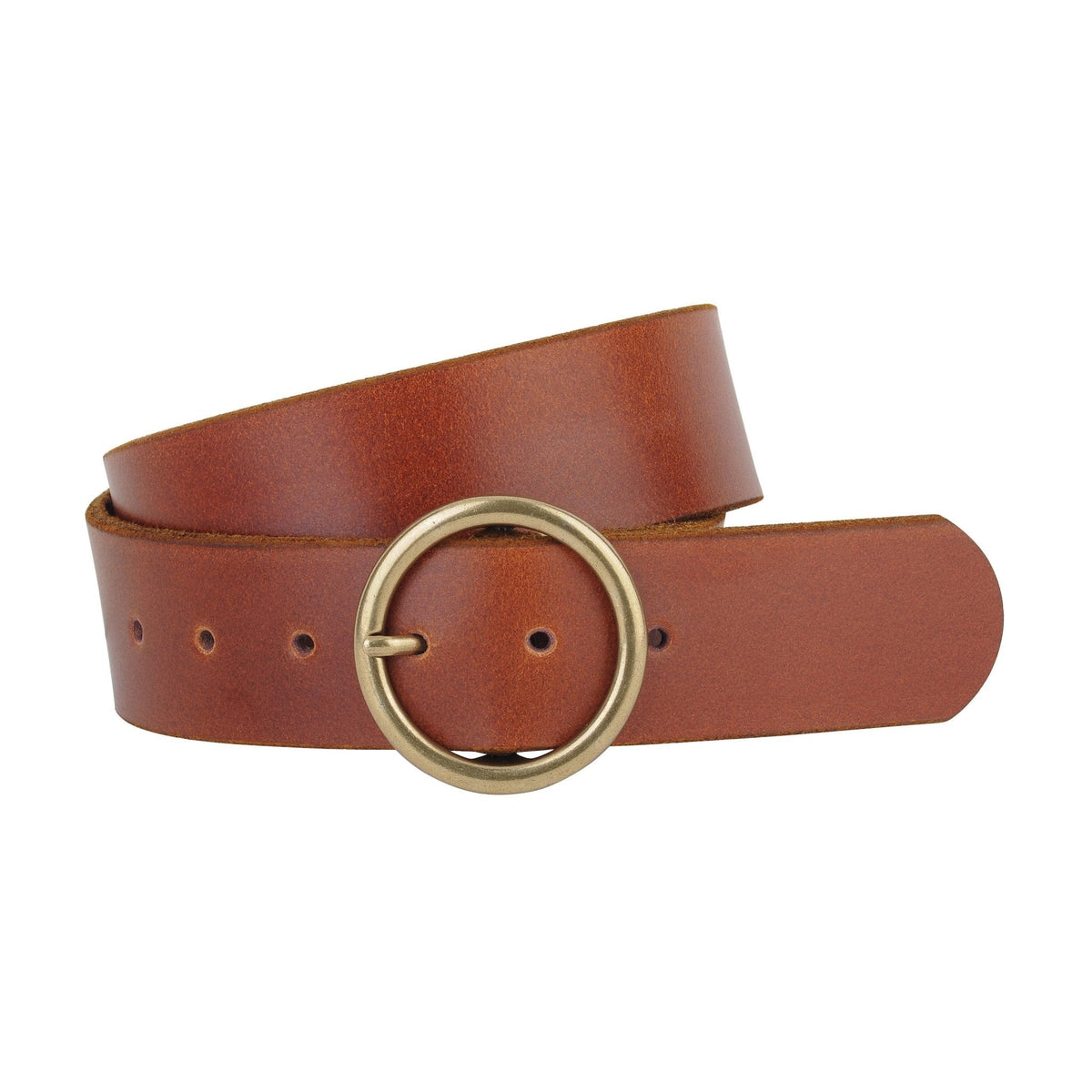 Wide Circle Buckle Leather Belt - Brown/Gold