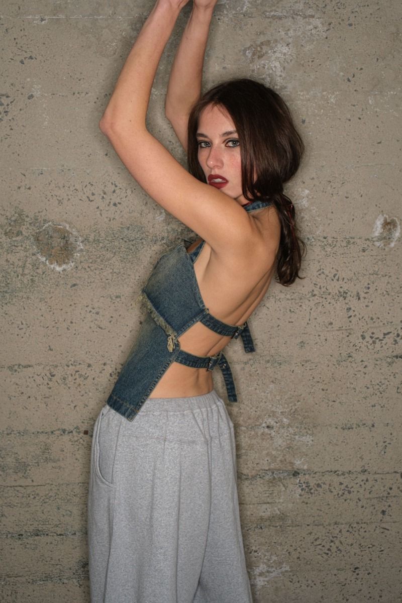 Raven Denim Y2K Backless Buckle Strap Halter Top - Faded Wash