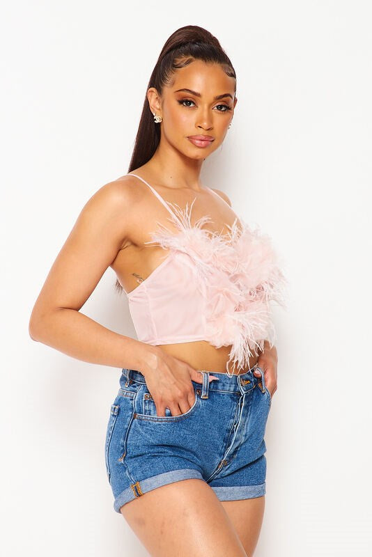 Dilone Feather Rossette Tulle Mesh Bustier Cami Crop Top - Ballet Pink