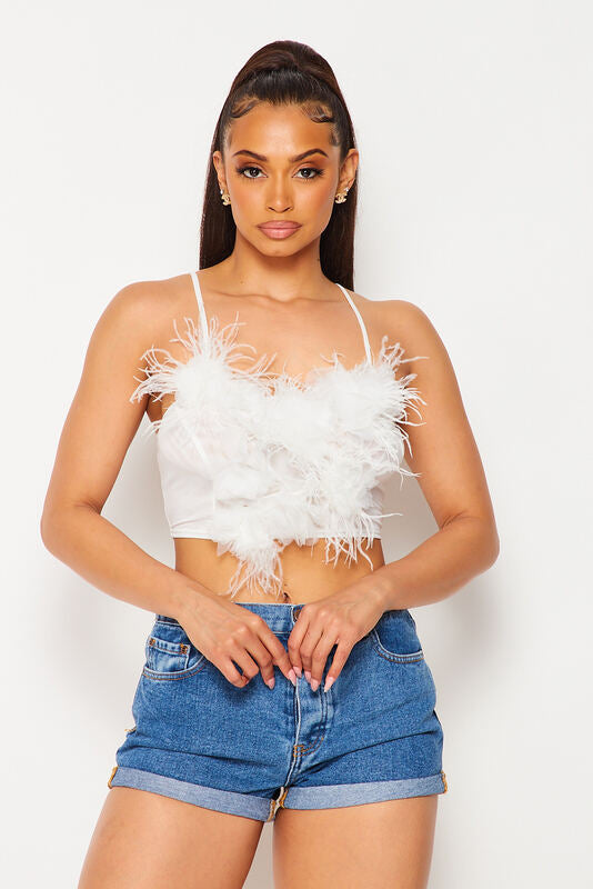 Dilone Feather Rossette Tulle Mesh Bustier Cami Crop Top - White