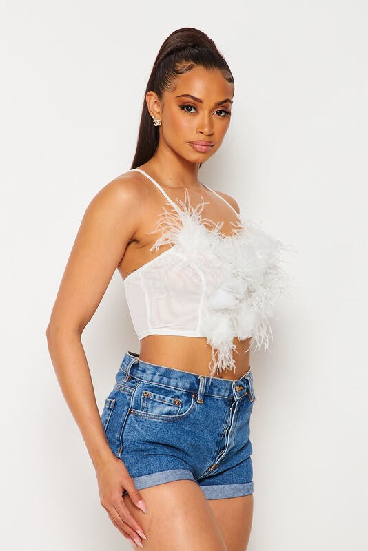 Dilone Feather Rossette Tulle Mesh Bustier Cami Crop Top - White