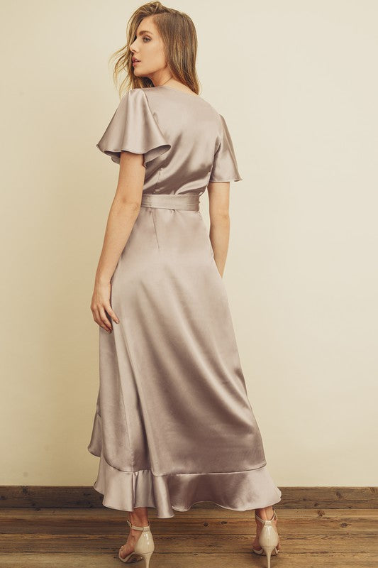 Kendra Satin Wrap Maxi Ruffle Dress - Dried Lavender