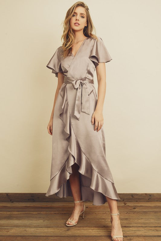 Kendra Satin Wrap Maxi Ruffle Dress - Dried Lavender