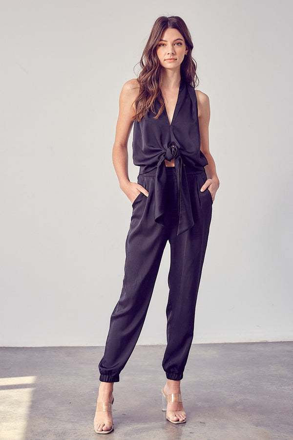 Jackie Tie Front Silky Jumpsuit - Black