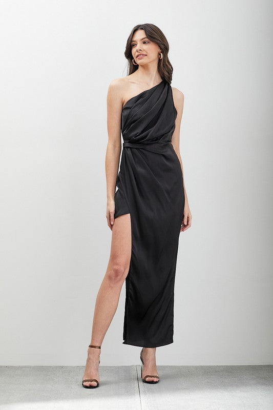 Palermo One Shoulder Satin Asymmetric Gown Dress - Black