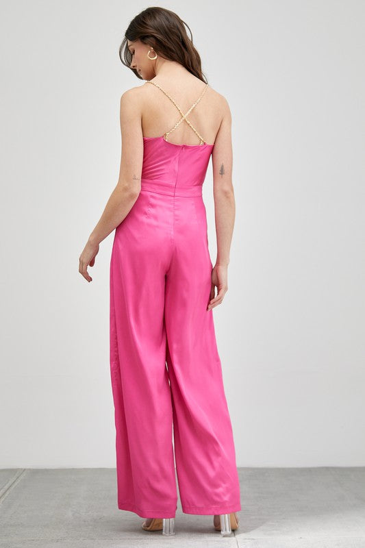 Lais Satin Wide Leg Cowl Neck Chain Strap Jumpsuit Pantsuit - Shocking Pink