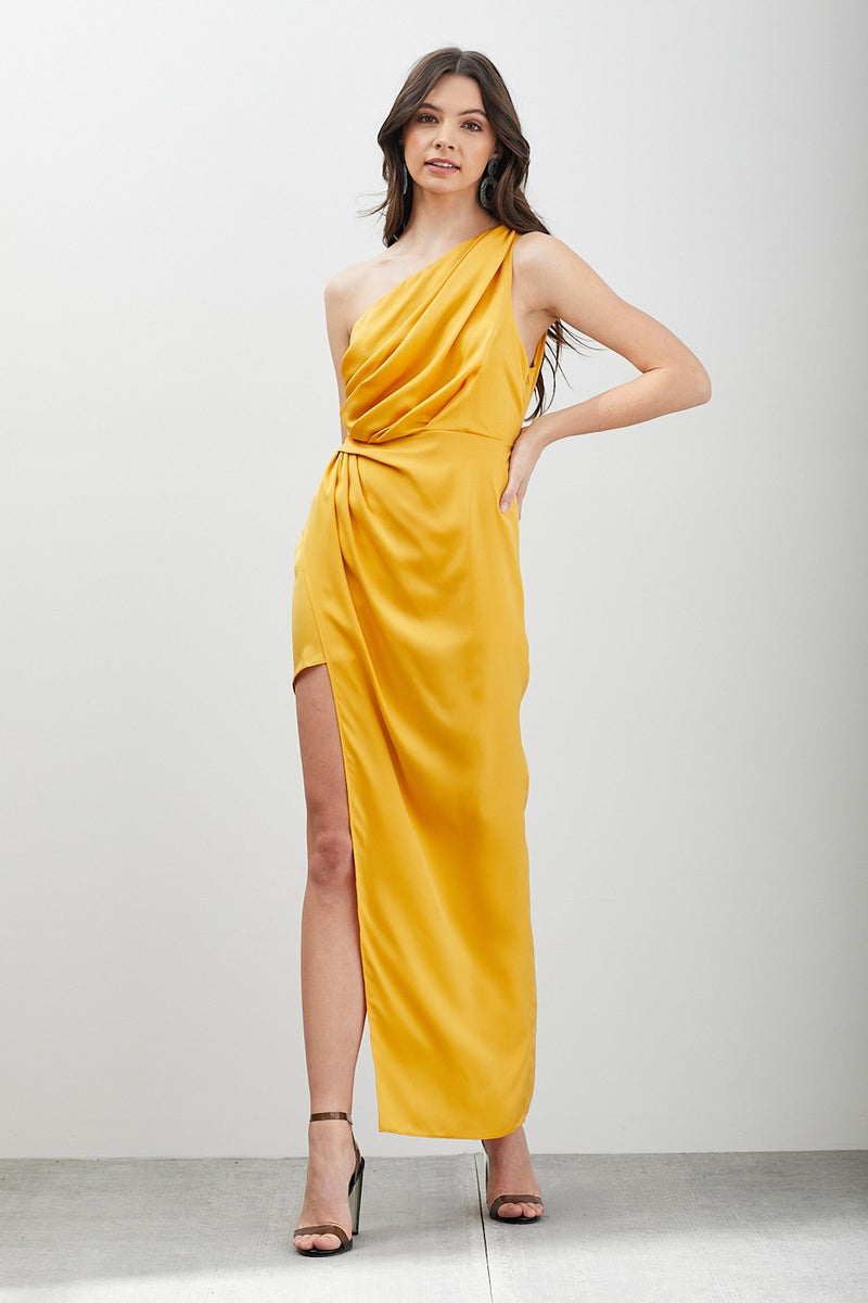 Palermo One Shoulder Satin Asymmetric Gown Dress - Sunflower