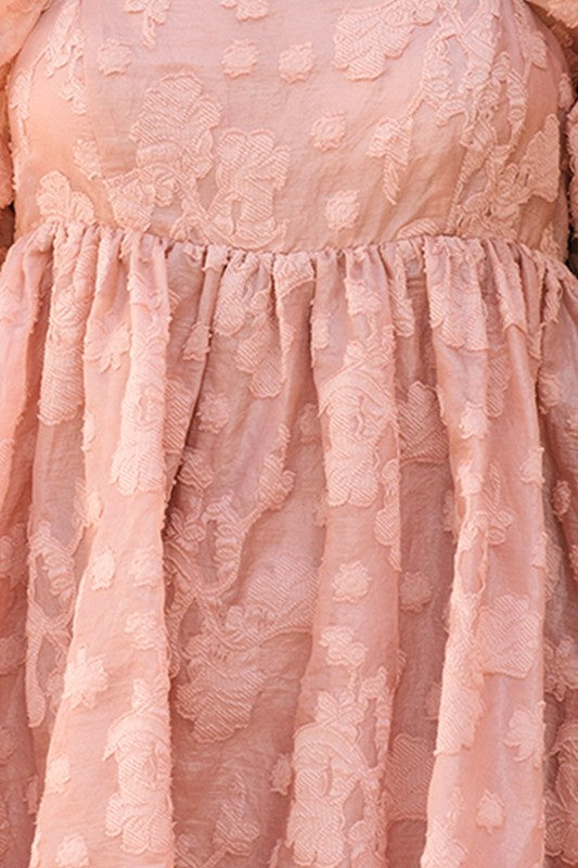 Delphine Floral Jacquard Babydoll Puff Sleeve Mini Dress - Rose Pink