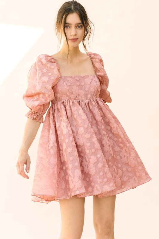 Delphine Floral Jacquard Babydoll Puff Sleeve Mini Dress - Rose Pink