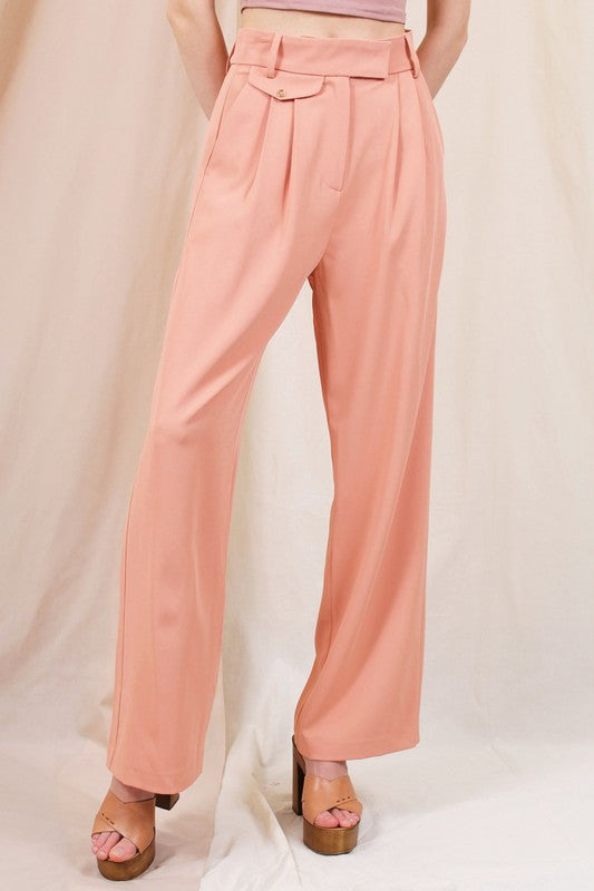 Tracy Hi Waisted Pleated Crepe Trousers - Peach Fuzz