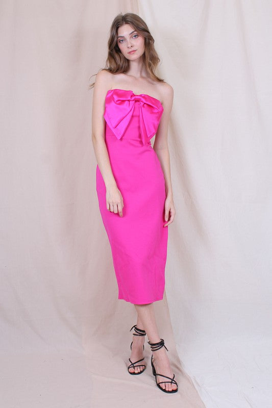Marlee Bow Strapless Column Cocktail Midi Dress - Fuschia