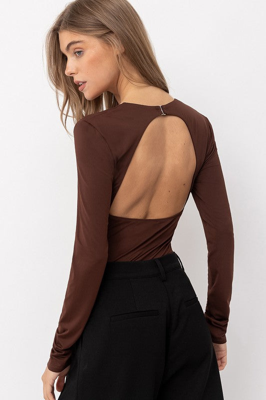 Maisie Long Sleeve Plunge V Neck Jersey Bodysuit - Chocolate