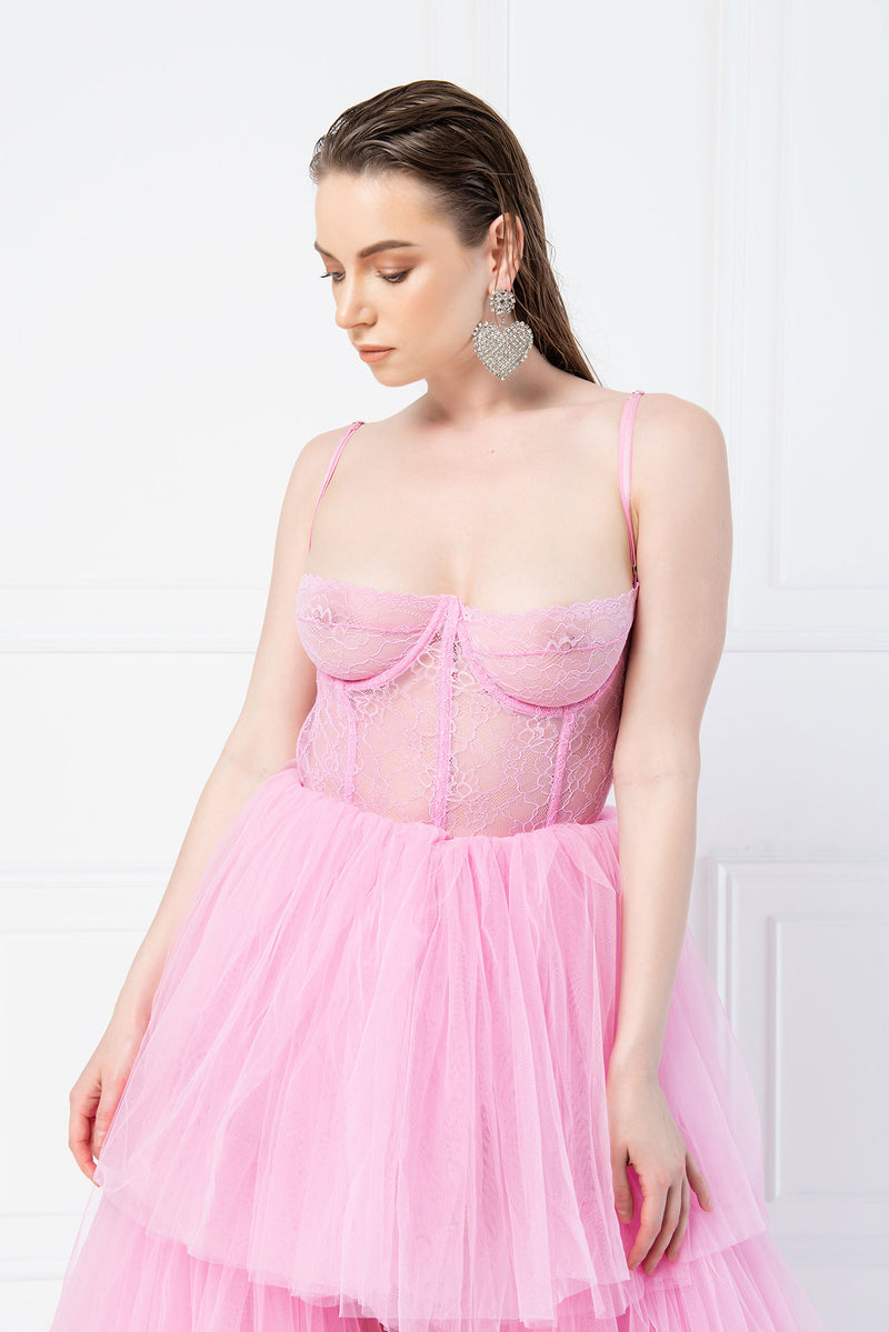 Sheer Lace Boned Bustier - Bubblegum