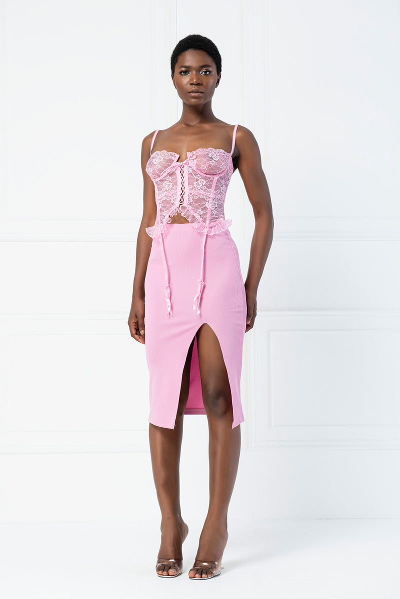 Alix Lace Demi Ruffle Trim Lace up Bustier Corset - Pink