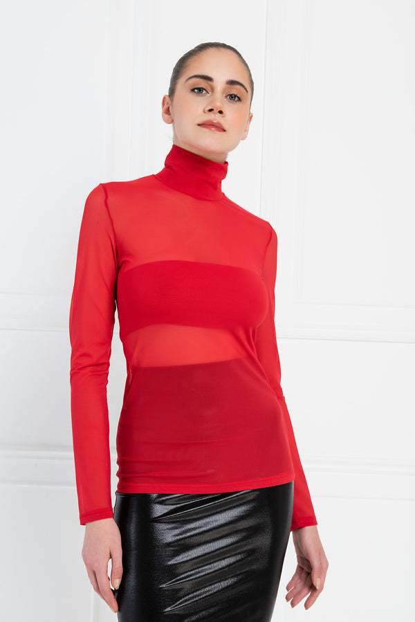 Nadia Sheer Mesh Basic Long Sleeve Mock Neck - Cherry